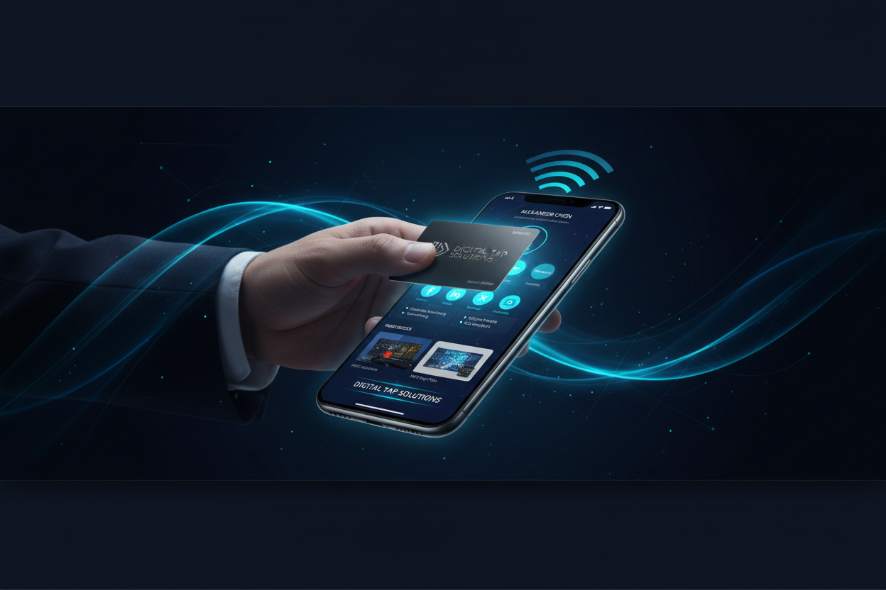 ⭐ Full-Width Homepage Banner Prompt for Digital Tap Solutions (NFC Digital Card)

Create a full-width, ultra-wide homepage banner for “Digital Tap Solutions” (aspect ratio 16:6 or 21:9). The banner should be modern, premium, and technology-focused. Use a sleek black or deep navy background with electric-blue and teal gradient highlights. Show a hand tapping an NFC Digital Business Card on a smartphone, with the phone screen displaying a Digital Business Profile (contact buttons, social icons, services, prod